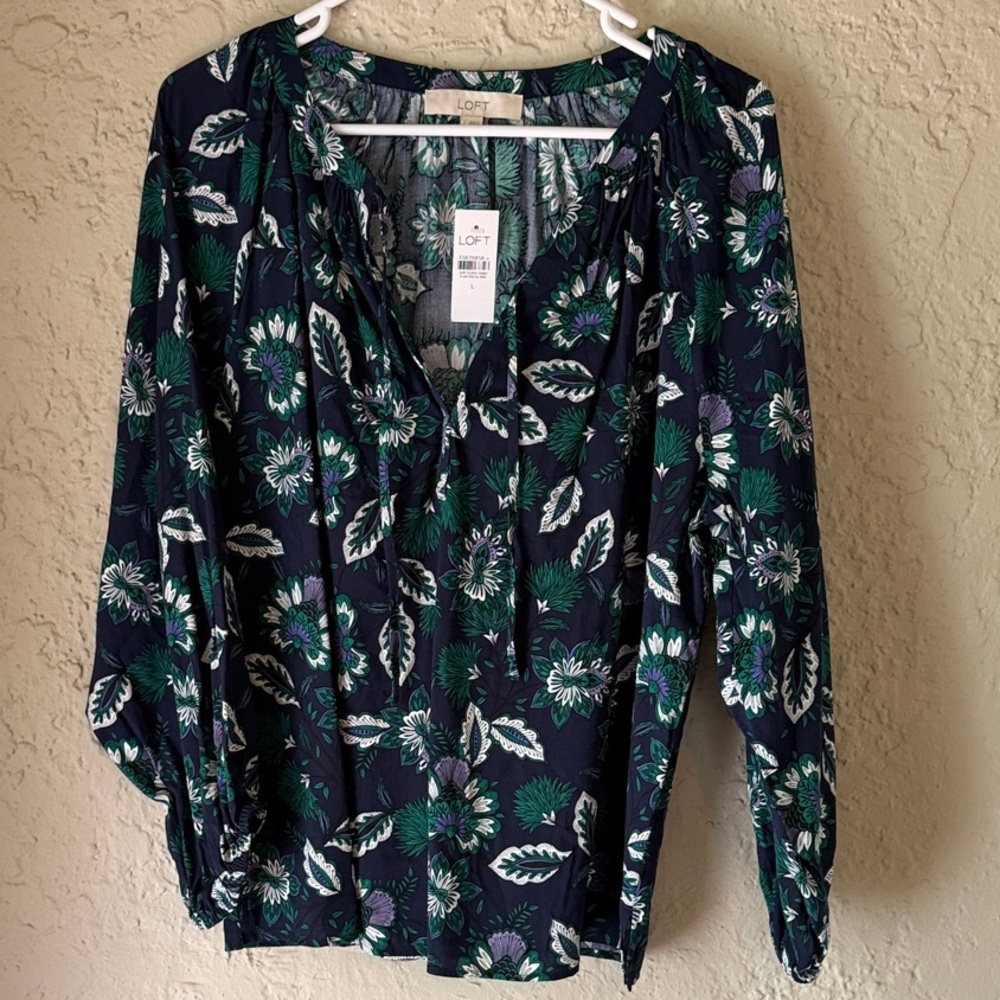 NWT LOFT Navy Floral Tie-Neck Blouse